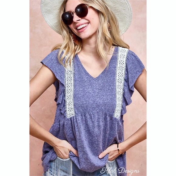 ❤️NEW! V Neck Tri Blend Soft Knit Top with Crochet Lace Detail! - Picture 3 of 10